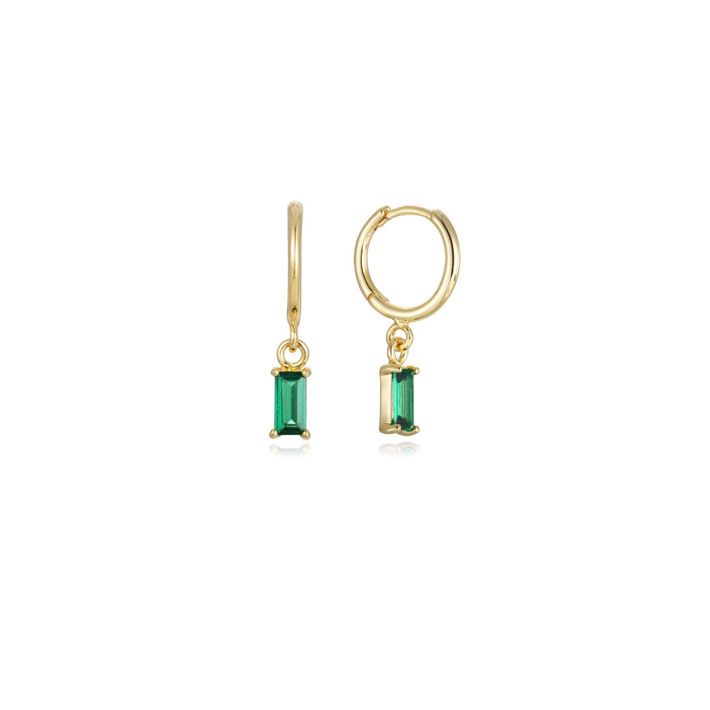 Gold huggie hoop earrings with a green emerald-cut cubic zirconia drop, in 18k gold plating.