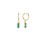 Gold huggie hoop earrings with a green emerald-cut cubic zirconia drop, in 18k gold plating.
