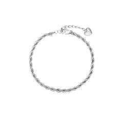 Silver-tone twisted rope chain bracelet with a cubic zirconia heart charm, lobster clasp, adjustable extender, and Zoé tag, in stainless steel.