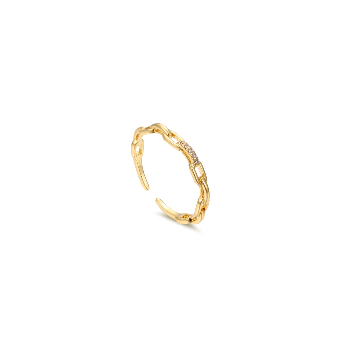 Gold chain-link ring with central studs from Zoe Jewelry, modern and bold jewelry accessory.