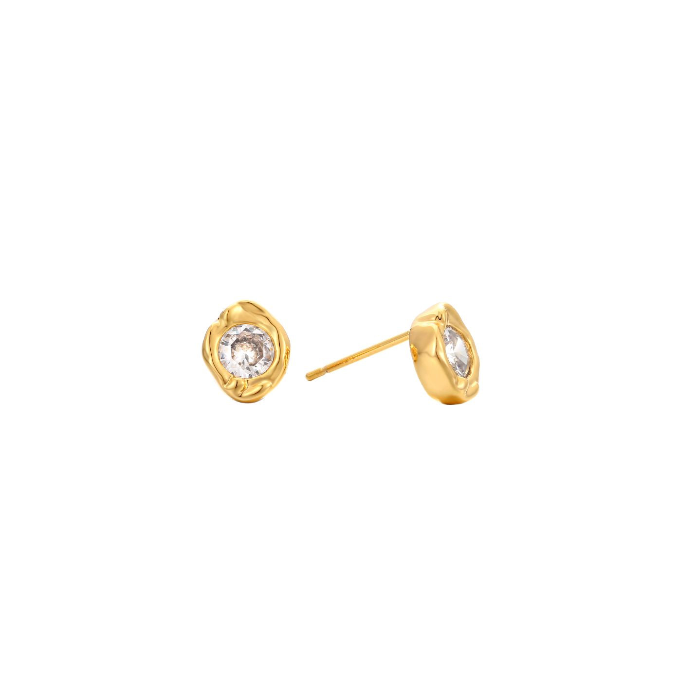 Halo Stud — round cubic zirconia set in an organic molten-edge 18K gold bezel, shown as a pair with push-back posts, from Zoé Jewelry.