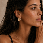  Model wearing the Blaire Layered Hoops — triple-row 18K gold hoops with smooth, twisted rope, and pavé CZ rows — Zoé Jewelry