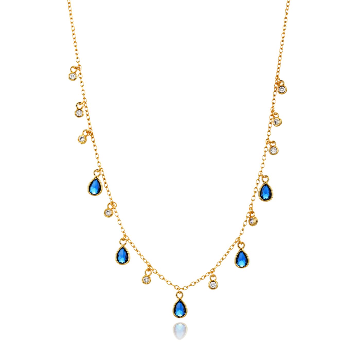 Celeste necklace with blue pear-cut CZ drops and clear accents in 18K gold-plated finish