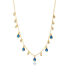 Celeste necklace with blue pear-cut CZ drops and clear accents in 18K gold-plated finish