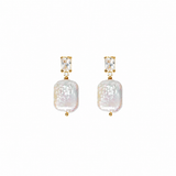 Chloé Pearl Earrings — gold drop earrings with a baguette CZ and a baroque pearl, shown as a pair, from Zoé Jewelry.