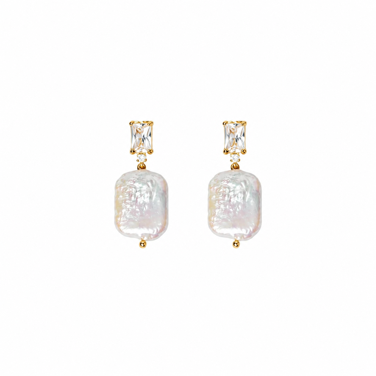 Chloé Pearl Earrings — gold drop earrings with a baguette CZ and a baroque pearl, shown as a pair, from Zoé Jewelry.