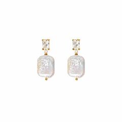 Chloé Pearl Earrings — gold drop earrings with a baguette CZ and a baroque pearl, shown as a pair, from Zoé Jewelry.