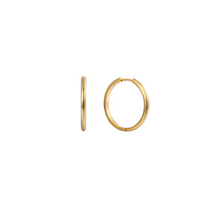 Classic Hoops — slim round 18K gold hoop earrings with a hinged closure, shown as a pair, from Zoé Jewelry.