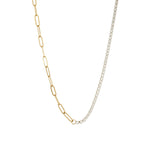 Dua necklace with half paperclip chain and half CZ tennis chain in 18K gold-plated finish