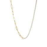 Dua necklace with half paperclip chain and half CZ tennis chain in 18K gold-plated finish