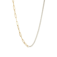 Dua necklace with half paperclip chain and half CZ tennis chain in 18K gold-plated finish