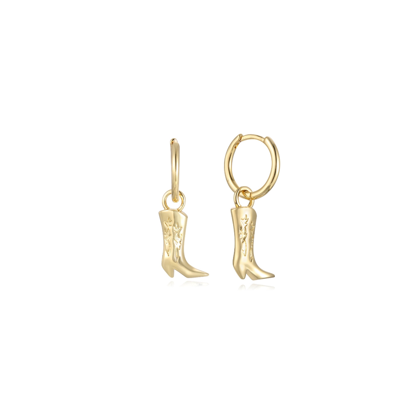 Dusty Rose Huggies — gold cowboy boot charm huggie hoop earrings, shown as a pair, from Zoé Jewelry.