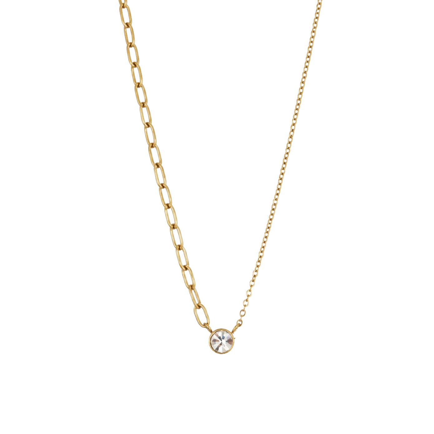 Elle necklace with single bezel-set CZ on a mixed oval and cable chain in 18K gold-plated finish