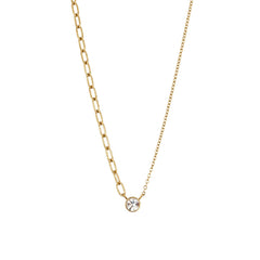 Elle necklace with single bezel-set CZ on a mixed oval and cable chain in 18K gold-plated finish