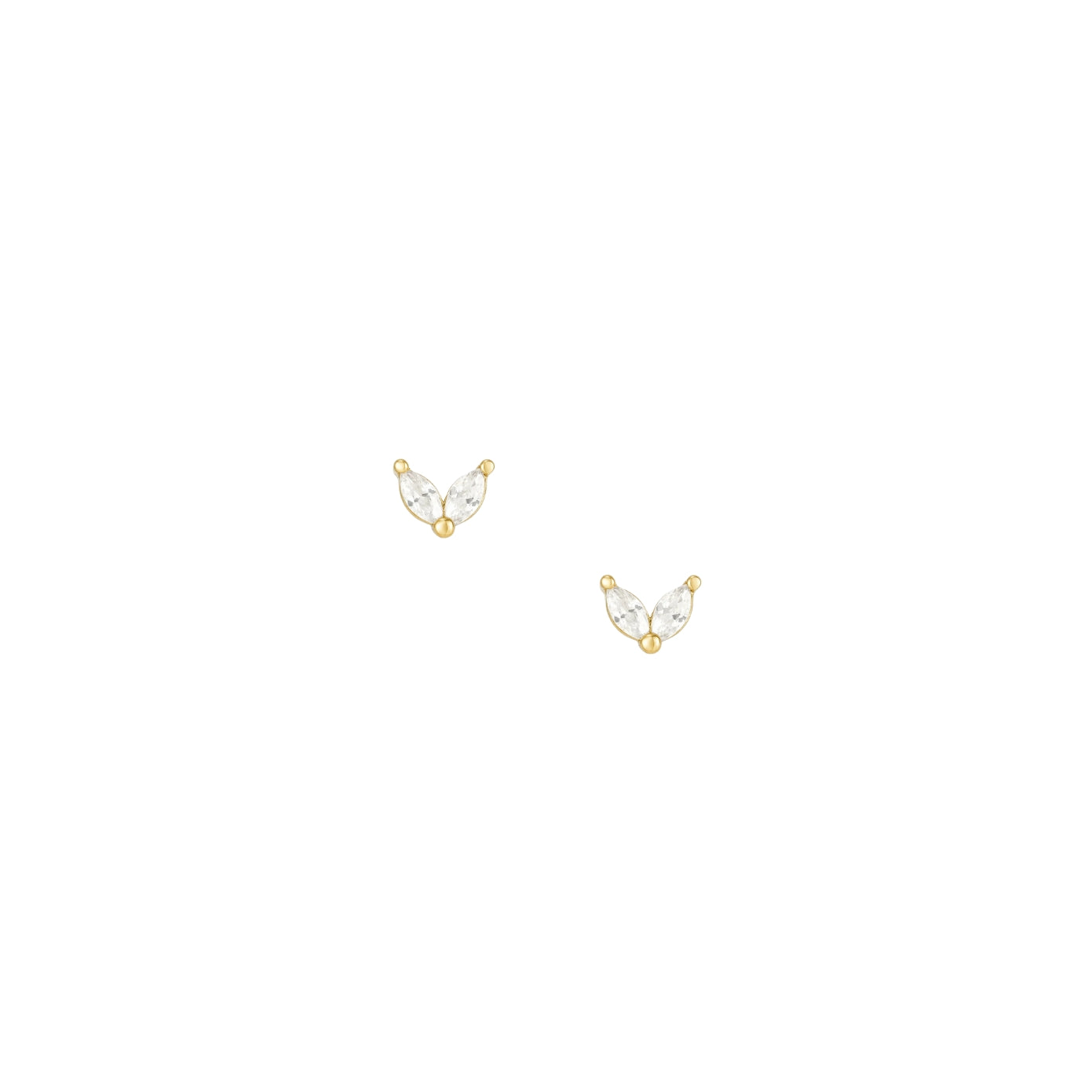 Ember Studs — gold petal stud earrings with two marquise-cut cubic zirconia, shown as a pair, from Zoé Jewelry.