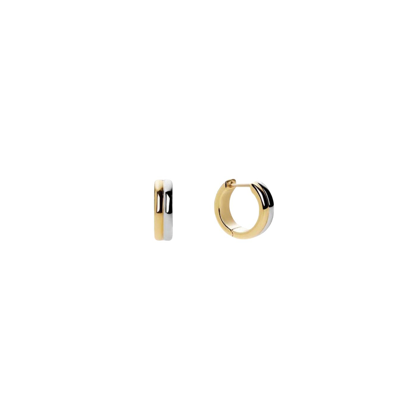 Equinox Hoops — two-tone gold and silver chunky huggie hoop earrings, shown as a pair, from Zoé Jewelry.
