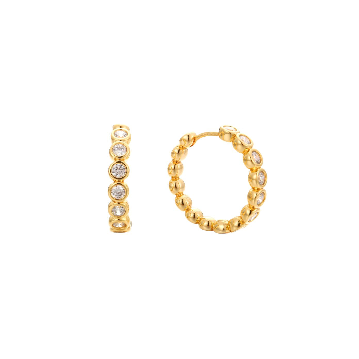Eternity Huggie — 18K gold huggie hoops with bezel-set cubic zirconia stones and polished gold beads, shown as a pair, from Zoé Jewelry.