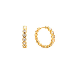 Eternity Huggie — 18K gold huggie hoops with bezel-set cubic zirconia stones and polished gold beads, shown as a pair, from Zoé Jewelry.