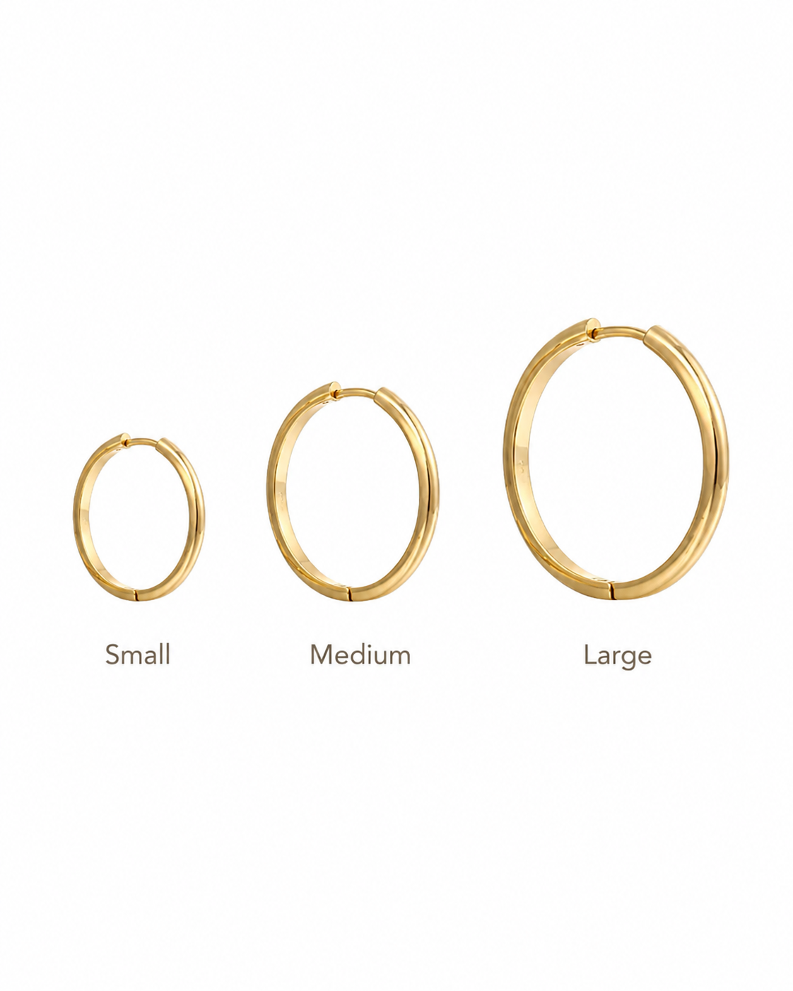 18K gold-plated hoop earrings size guide showing small, medium, and large