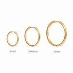 18K gold-plated hoop earrings size guide showing small, medium, and large