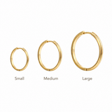18K gold-plated hoop earrings size guide showing small, medium, and large