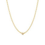 Halo necklace with single bezel-set CZ stone on an oval-link gold chain