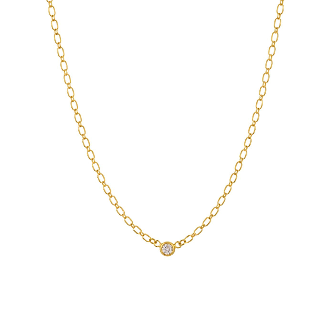 Halo necklace with single bezel-set CZ stone on an oval-link gold chain