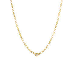 Halo necklace with single bezel-set CZ stone on an oval-link gold chain