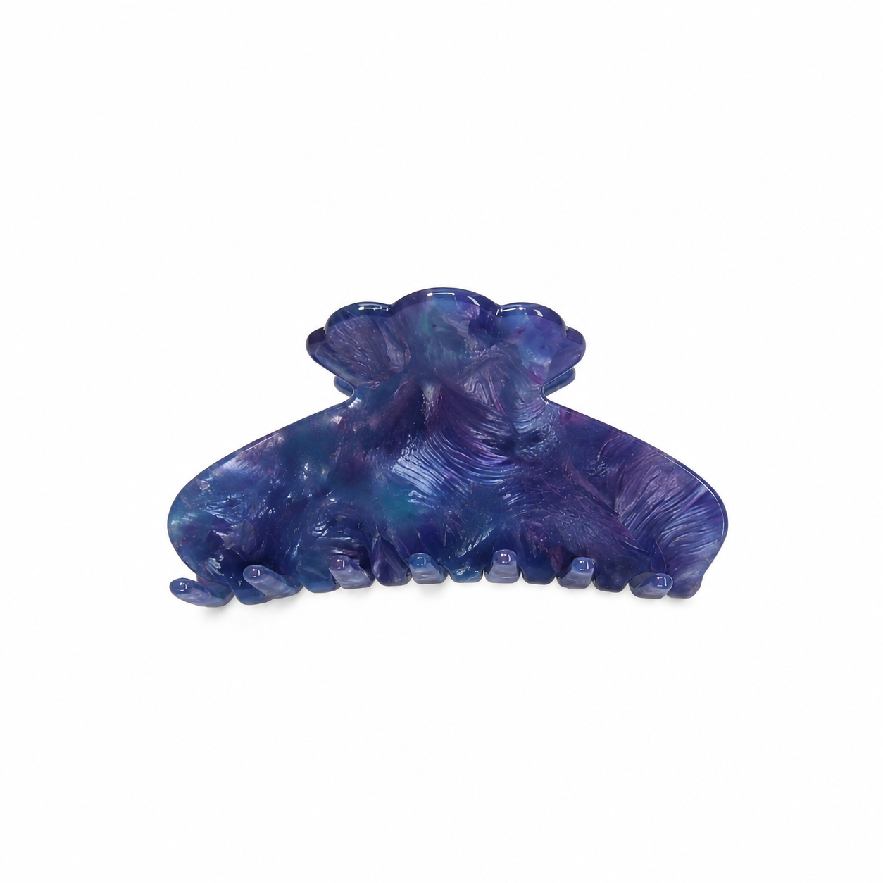 Hydrangea Claw Clip in Blue — a blue and purple marbled acetate claw clip with a scalloped floral silhouette from Zoé Jewelry.