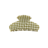 Hydrangea rounded claw clip in Olive Checkerboard green-and-cream cellulose acetate