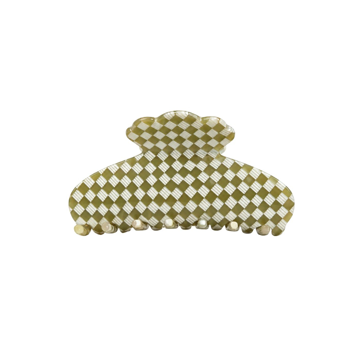 Hydrangea rounded claw clip in Olive Checkerboard green-and-cream cellulose acetate