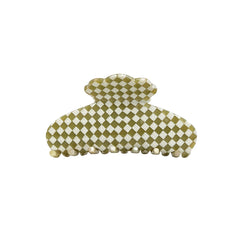 Hydrangea rounded claw clip in Olive Checkerboard green-and-cream cellulose acetate