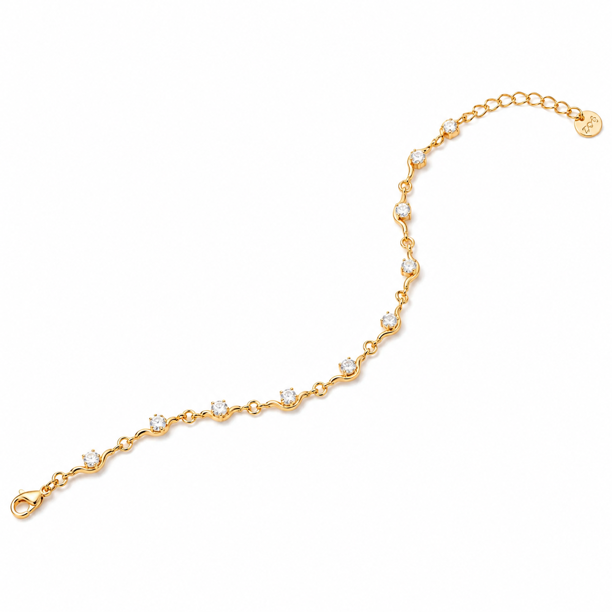 Maisie CZ station bracelet in 18K gold-plated finish with lobster clasp and extender, angled view