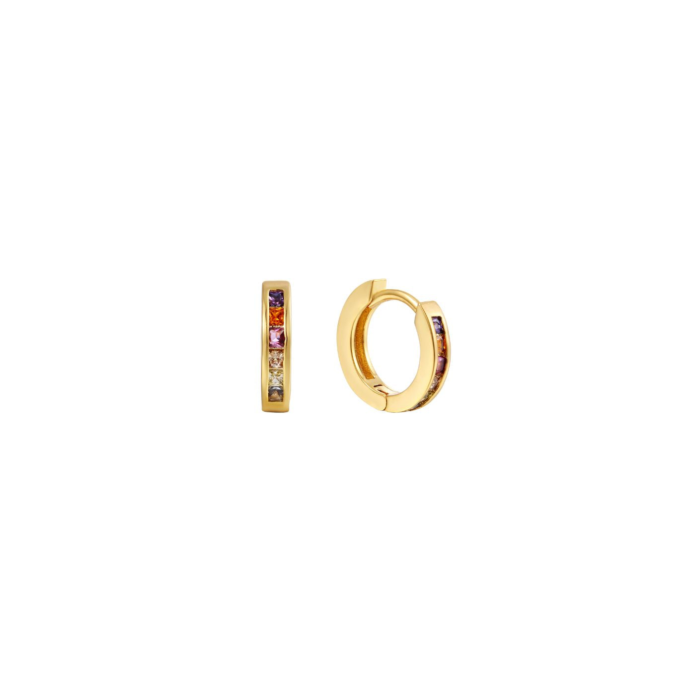 Noelle Hoops — small gold huggie hoops with channel-set multicoloured cubic zirconia, shown as a pair, from Zoé Jewelry.