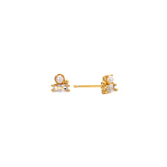 18K gold stud earrings pairing a round button pearl with a baguette-cut cubic zirconia, shown as a pair, from Zoé Jewelry.