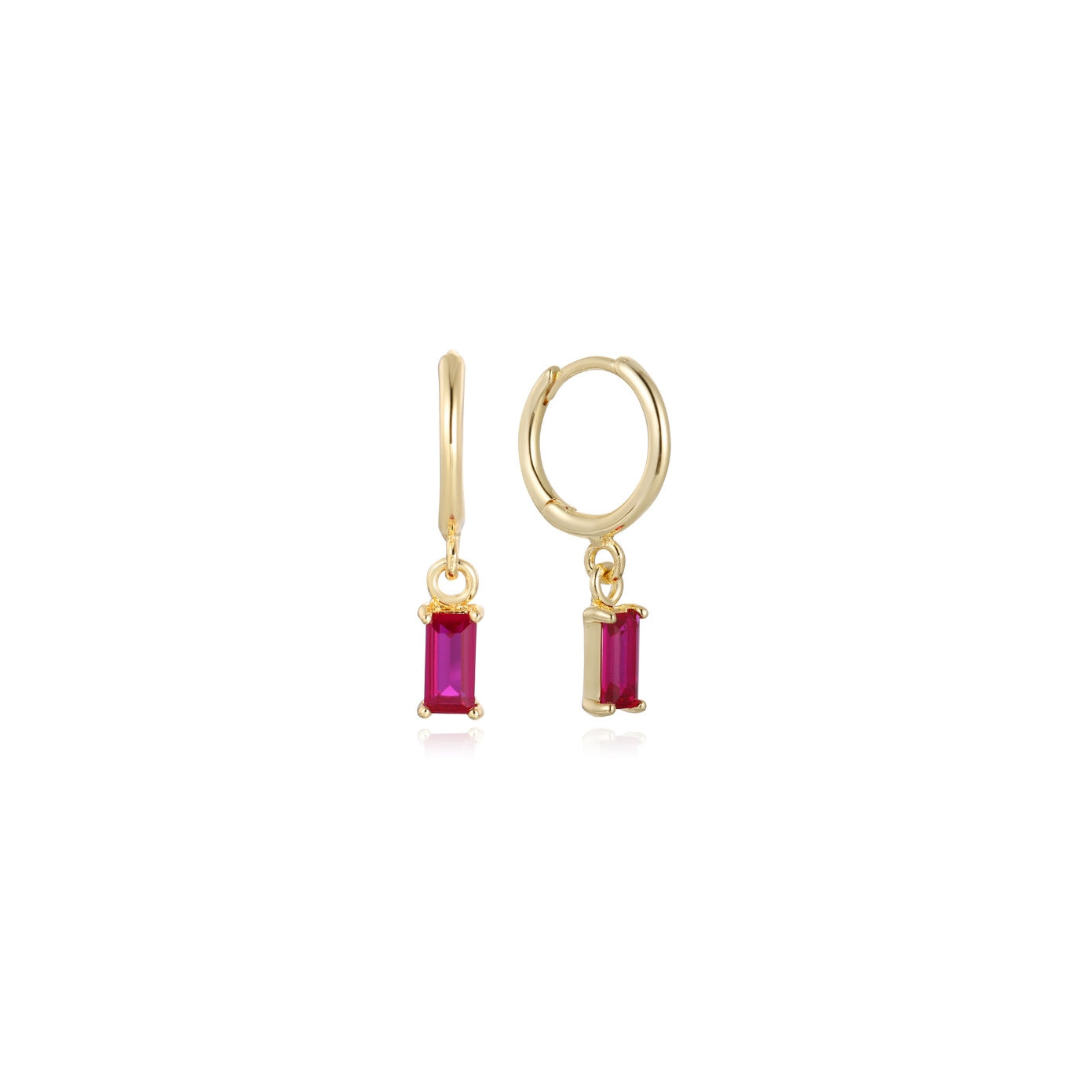 Ruby Huggies — gold huggie hoops with a baguette-cut ruby-pink cubic zirconia drop, shown as a pair, from Zoé Jewelry.