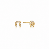 Saddle Up Studs — tiny 18K gold horseshoe stud earrings with pavé cubic zirconia, shown as a pair, from Zoé Jewelry.