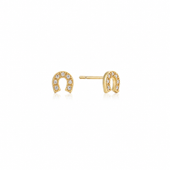 Saddle Up Studs — tiny 18K gold horseshoe stud earrings with pavé cubic zirconia, shown as a pair, from Zoé Jewelry.