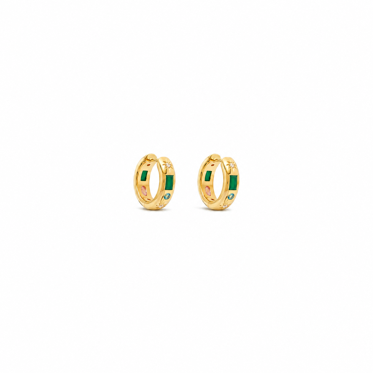 Stardust Hoops — reversible 18K gold star-and-stone huggie hoops shown from the front, from Zoé Jewelry.