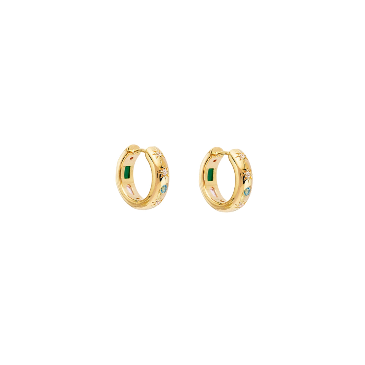 Stardust Hoops — reversible 18K gold huggie hoops with green, pink, and blue stones and engraved stars, shown as a pair, from Zoé Jewelry.