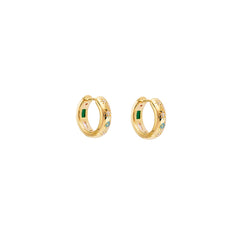Stardust Hoops — reversible 18K gold huggie hoops with green, pink, and blue stones and engraved stars, shown as a pair, from Zoé Jewelry.