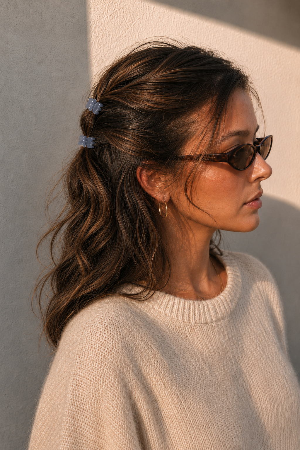  Model wearing two Thea Mini Clips in Cloud in a half-up style — soft blue-grey marbled acetate claw clips from Zoé Jewelry.