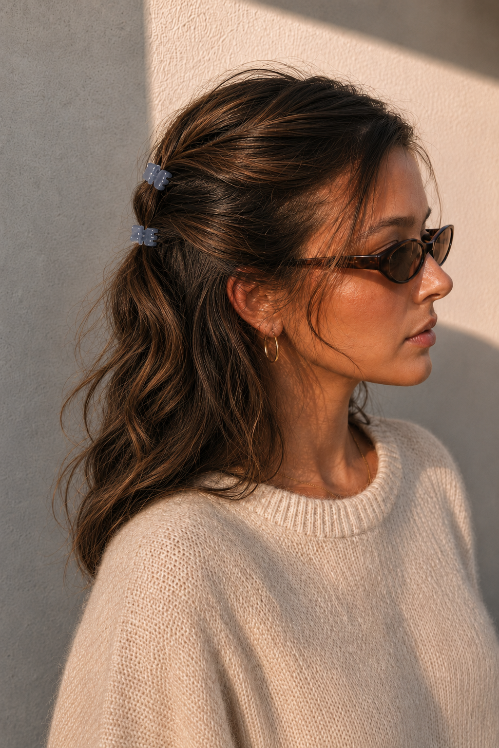  Model wearing two Thea Mini Clips in Cloud in a half-up style — soft blue-grey marbled acetate claw clips from Zoé Jewelry.
