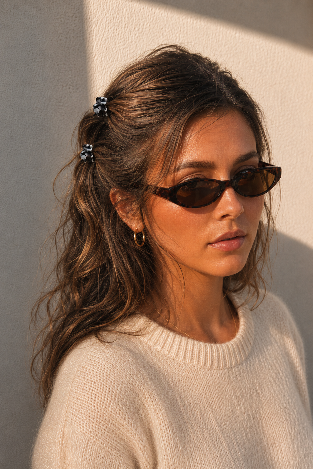  Model wearing two Thea Mini Clips in Monochrome Marble in a half-up style — black and white marbled acetate claw clips from Zoé Jewelry.