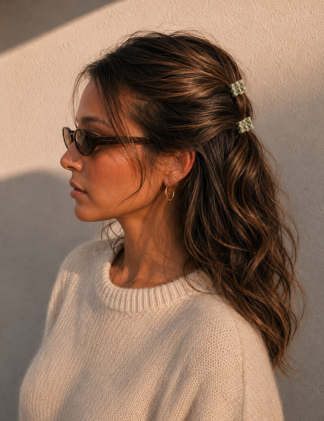 Model wearing two Thea Mini Clips in Olive Checkerboard in a half-up style — olive green checkerboard acetate claw clips from Zoé Jewelry.