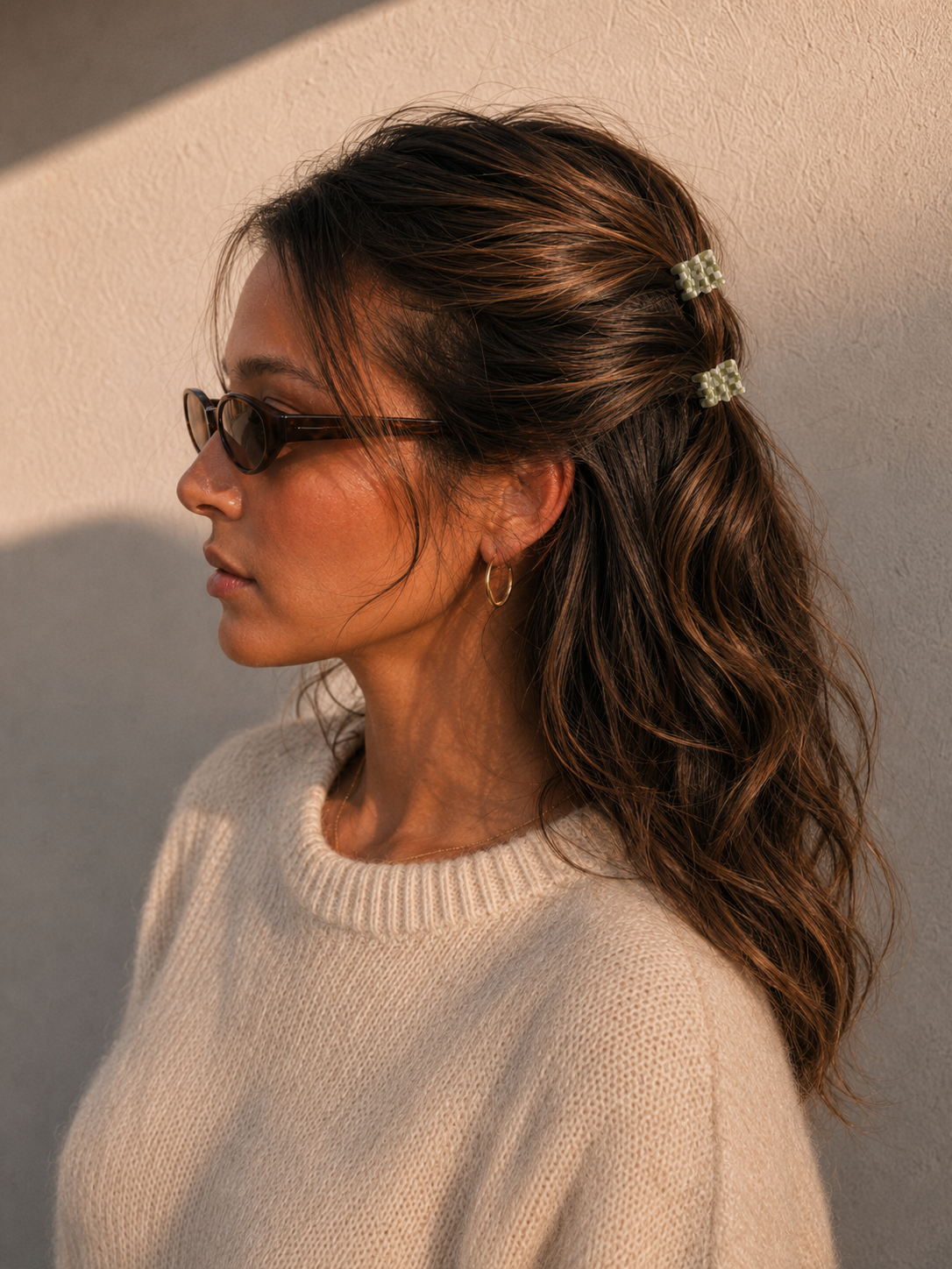 Model wearing two Thea Mini Clips in Olive Checkerboard in a half-up style — olive green checkerboard acetate claw clips from Zoé Jewelry.