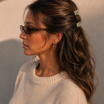 Model wearing two Thea Mini Clips in Olive Checkerboard in a half-up style — olive green checkerboard acetate claw clips from Zoé Jewelry.