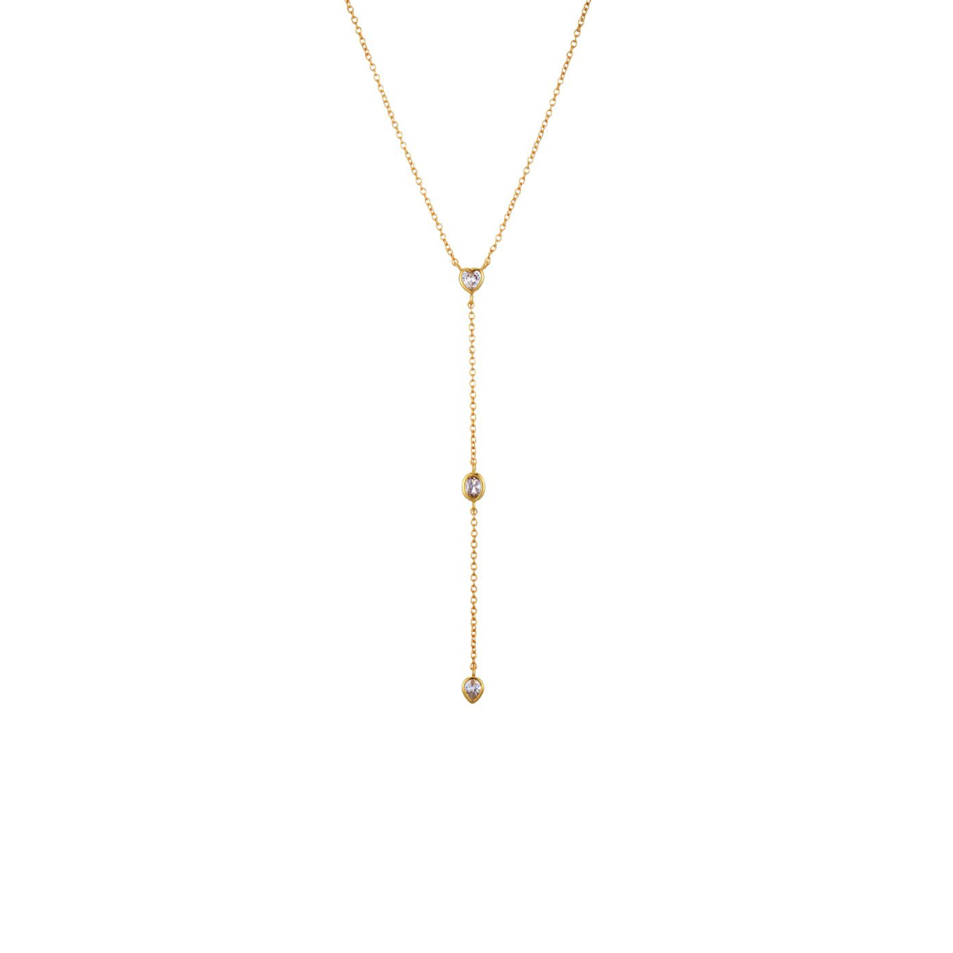 Trio Drop lariat necklace with heart, oval, and pear CZ stones on a gold cable chain