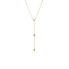 Trio Drop lariat necklace with heart, oval, and pear CZ stones on a gold cable chain