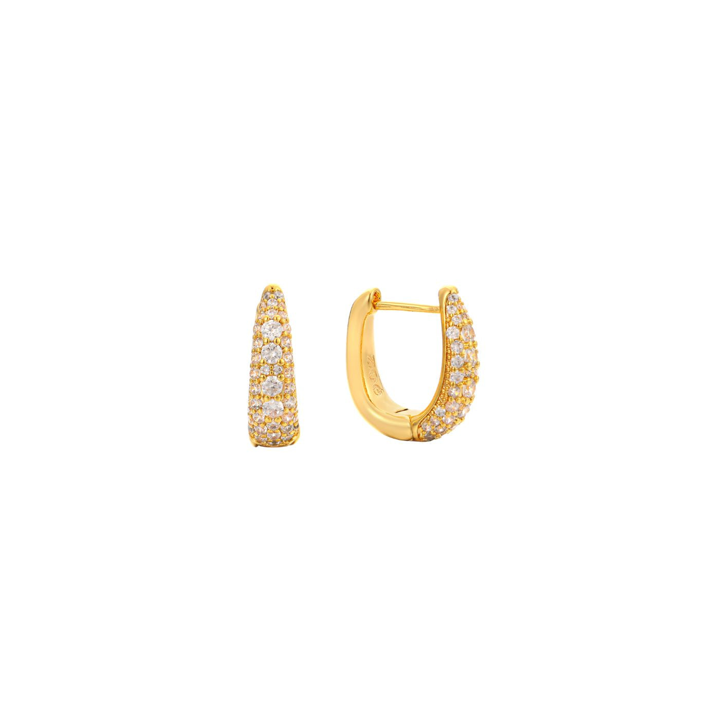 18K gold pavé huggie hoop earrings set with rows of cubic zirconia, shown as a pair, from Zoé Jewelry.